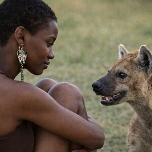 Hand painted spotted hyena, OOAK earrings w feather charm wildlife jewelry